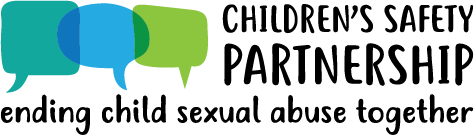 The Children's Safety Partnership logo, a graphic of 3 word balloons in shades of sky blue, leaf green, and darker green, with the words Children's Safety Partnership - ending child sexual abuse together