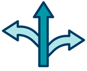 A graphic of three arrows splitting off from the same beginning, pointing in different directions, in green and teal