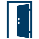 A simple blue graphic of an open door.